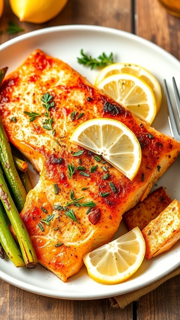 Air Fryer Baked Salmon Recipe Air fryer baked salmon fillet garnished with herbs and lemon, served with vegetables.